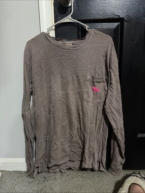 PINK Victoria's Secret Long Sleeve Pocket Tee - Taupe with Hot Pink Dog Logo